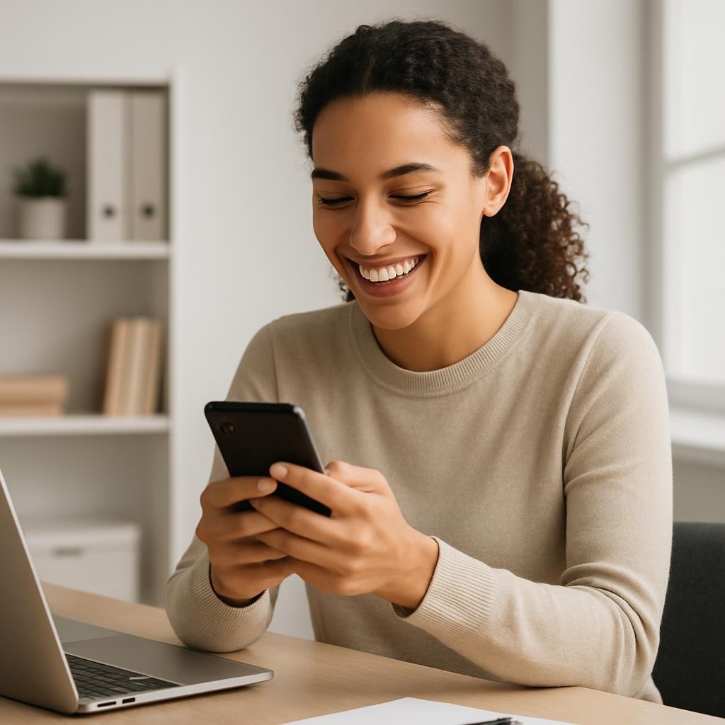 A person smiling and feeling happy while completing a task using the Tarex app on their smartphone, but the phone screen is not visible. The setting is modern, casual, and bright, emphasizing productivity and satisfaction.